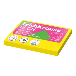Блок самоклеящийся бумажный ErichKrause Neon, 75х50 мм, 100 листов, желтый