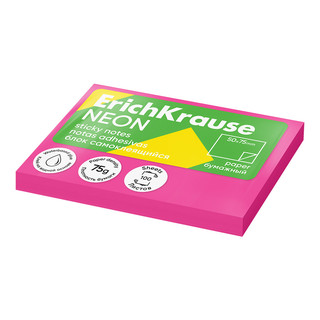 Блок самоклеящийся бумажный ErichKrause Neon, 75х50 мм, 100 листов, розовый