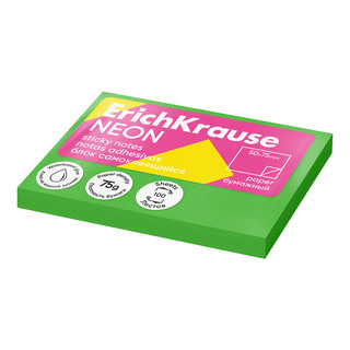 Блок самоклеящийся бумажный ErichKrause Neon, 75х50 мм, 100 листов, зеленый