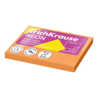 Блок самоклеящийся бумажный ErichKrause Neon, 75х50 мм, 100 листов, оранжевый