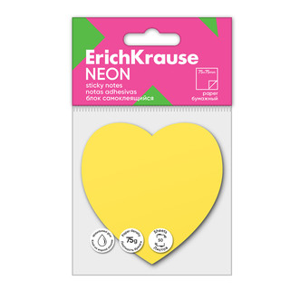 Блок самоклеящийся бумажный ErichKrause Heart Neon, 50 листов, желтый