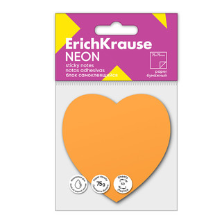 Блок самоклеящийся бумажный ErichKrause Heart Neon, 50 листов, оранжевый