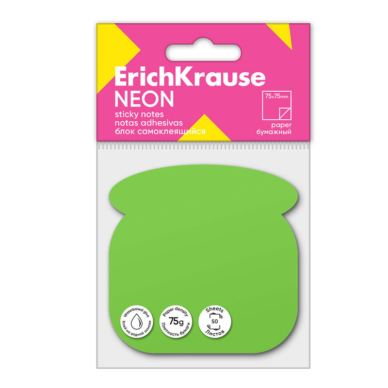 Блок самоклеящийся бумажный ErichKrause Phone Neon, 50 листов, зеленый