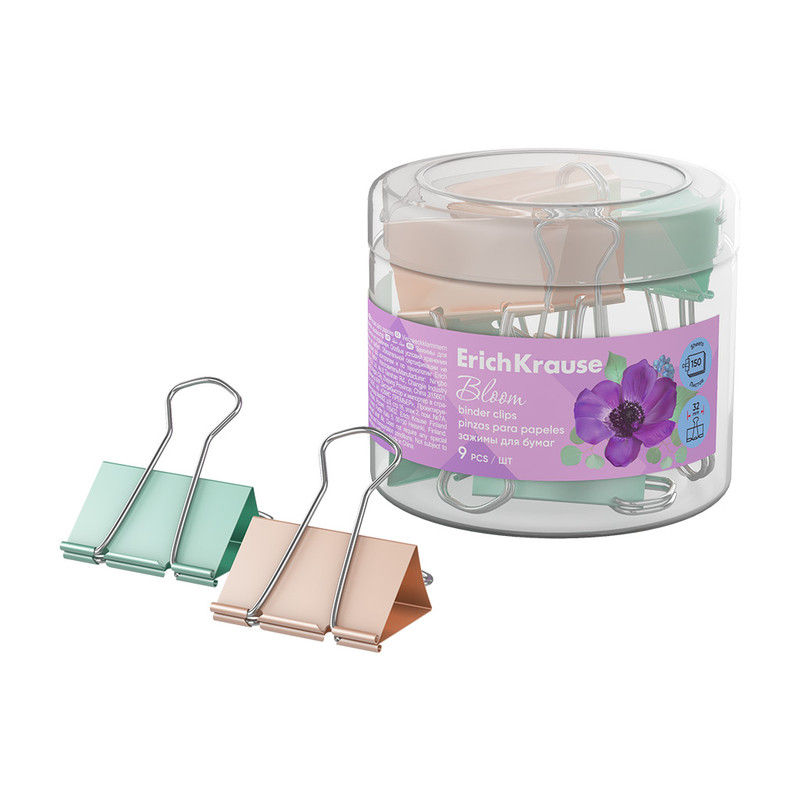 Зажимы для бумаг ErichKrause Pastel Bloom, 32 мм, 9 штук
