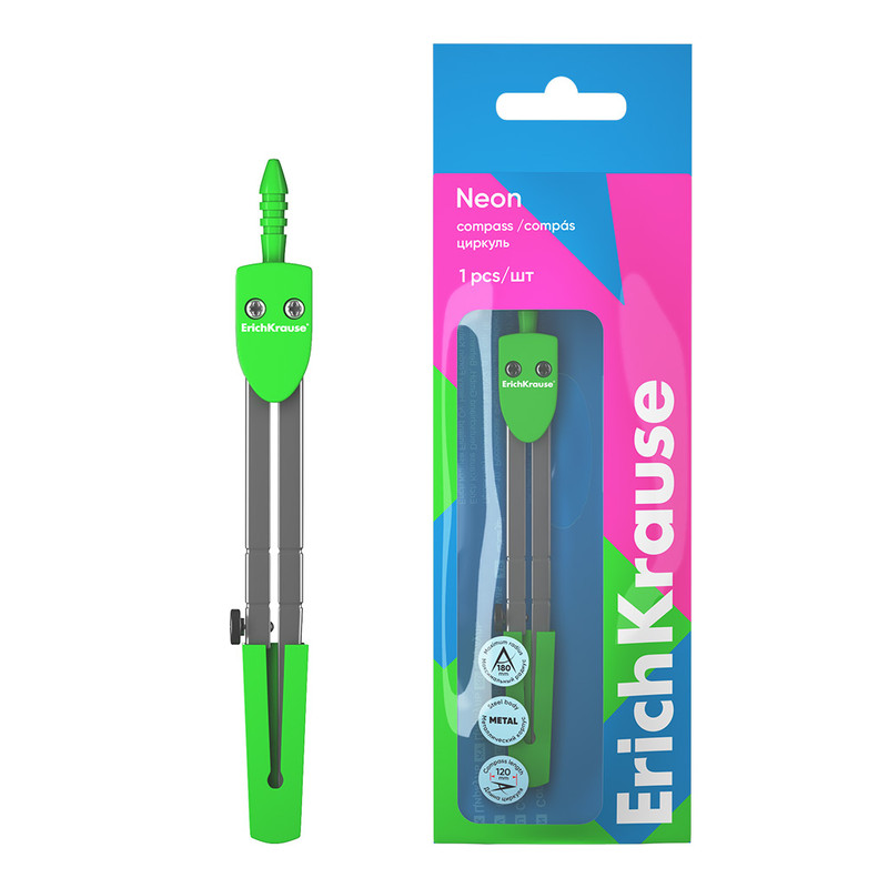 Циркуль металлический ErichKrause Neon, 120 мм, зеленый