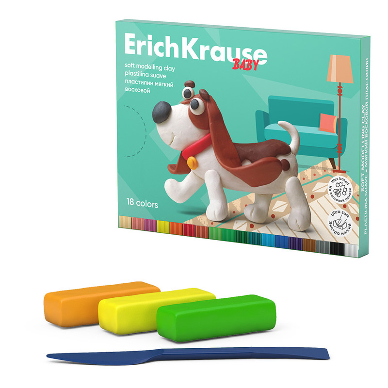 Пластилин мягкий восковой, 18 цветов, со стеком, ErichKrause Baby