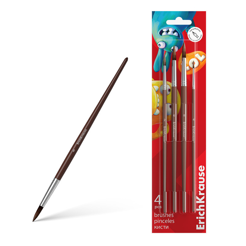 Кисти для акварели и гуаши, пони, 4 штуки, ErichKrause Jolly Friends