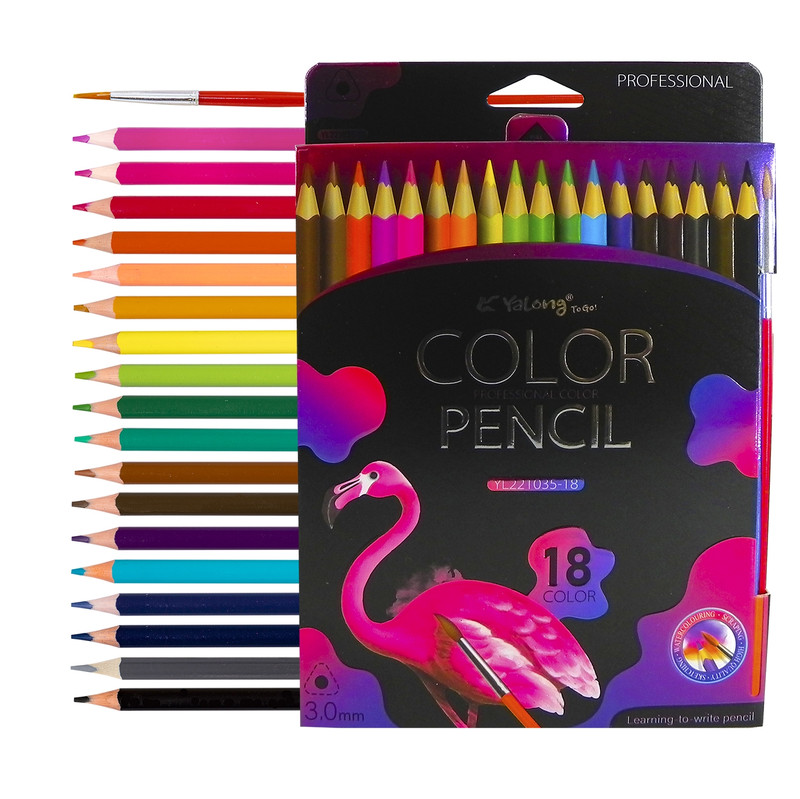 Карандаши цветные акварельные 18 цветов, Yalong 'Неоновые животные' с кистью