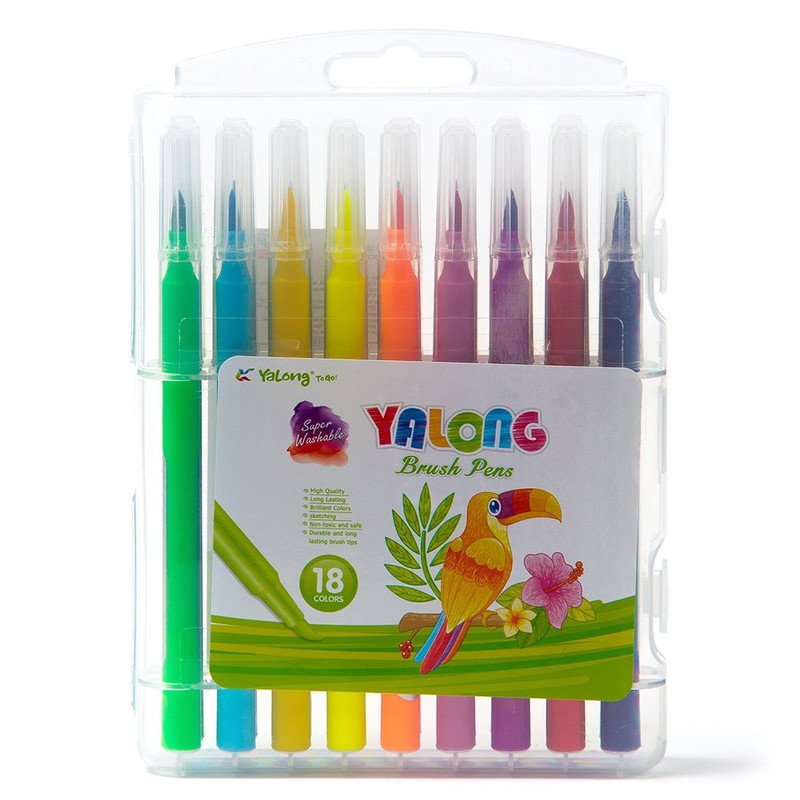 Фломастеры-кисточки, 18 цветов Yalong,Toucan, смываемые чернила