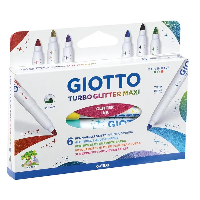 Фломастеры 6 цветов, Giotto Turbo Glitter Maxi, с блестящими чернилами