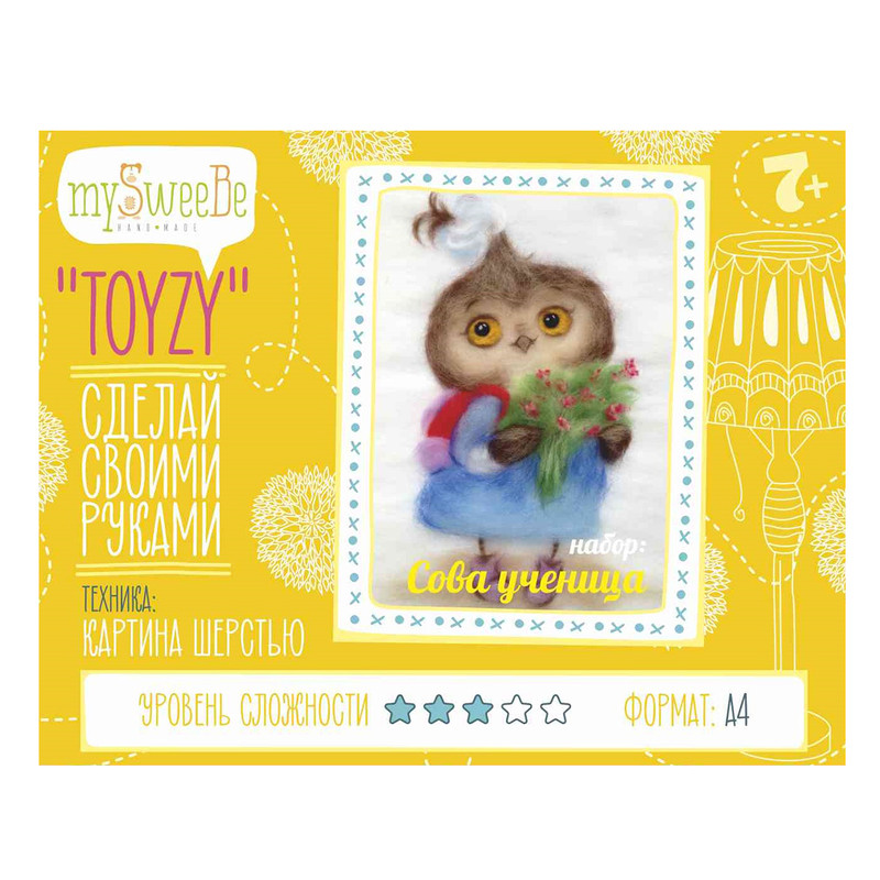 Картина шерстью Toyzy 'Сова ученица' 20 х 20 см