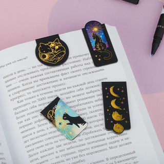 Закладки магнитные для книг, 4шт., MESHU 'Moon cat', софт-тач, фольга 4
