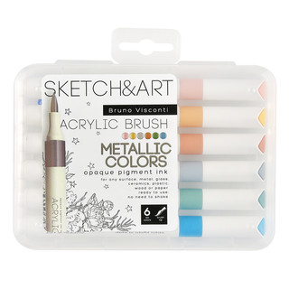 Набор маркеров-кистей акриловых, 6 цветов, металлик, Sketch&A...