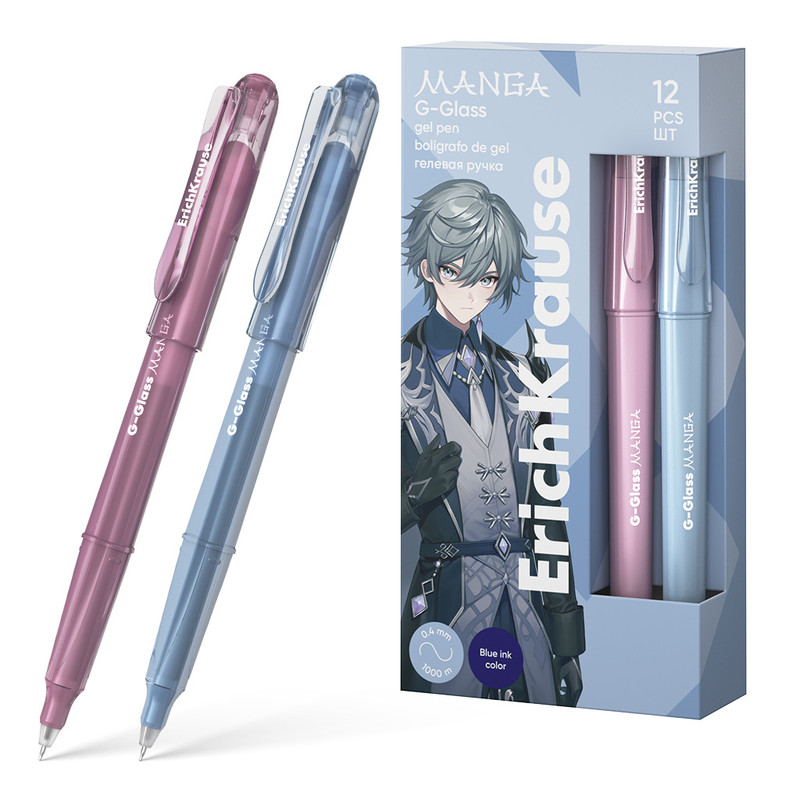 Ручка гелевая ErichKrause G-Glass Stick Manga 0.5 мм, розовый / голубой. Цена за 1 шт.