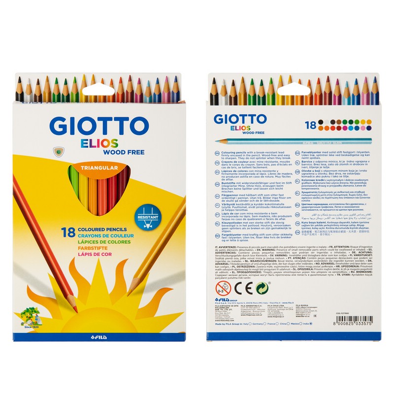 Цветные карандаши 18 цветов, полимерные, трехгранные, заточенные, GIOTTO ELIOS