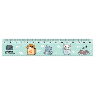Линейка 15 см, 'Коты', пластик, с волнистым краем, европодвес...