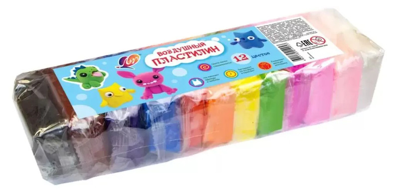 Пластилин воздушный 12 цветов, для детской лепки, ЛУЧ