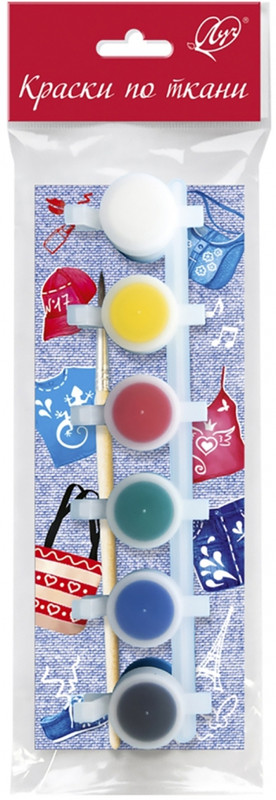 Краски по ткани, 6 цветов, с кистью, Луч