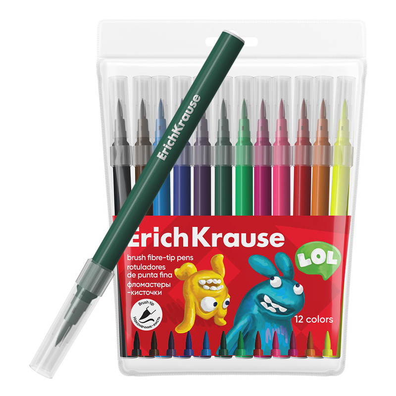Фломастеры-кисточки 12 цветов, ErichKrause Jolly Friends Washable