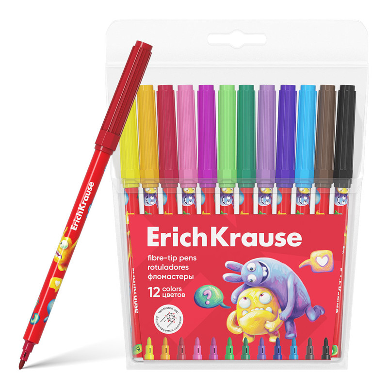 Фломастеры 12 цветов, ErichKrause Jolly Friends, с печатью на корпусе