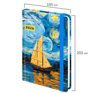 Ежедневник на 2026 год, А5, с резинкой, твердый, Brauberg Живопись 2