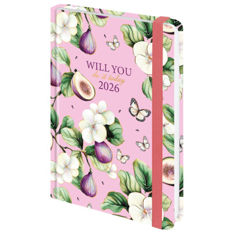 Ежедневник на 2026 год, А5, с резинкой, твердый, фольга, Brauberg Инжир
