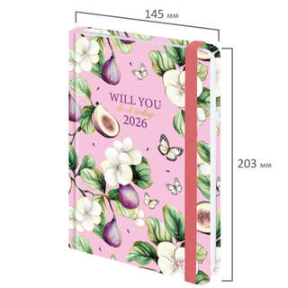 Ежедневник на 2026 год, А5, с резинкой, твердый, фольга, Brauberg Инжир 2