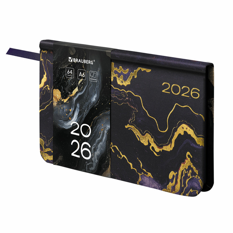 Еженедельник датированный 2026, А6, Brauberg Vista, под кожу, 'Black marble'