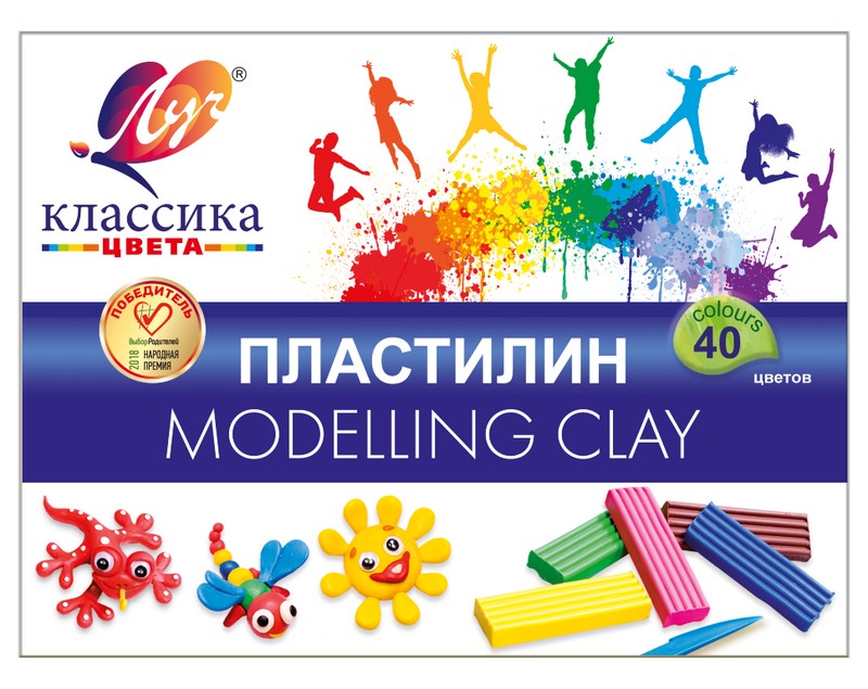 Пластилин 40 цветов, 800 г, стек, Луч 'Классика', картонная коробка