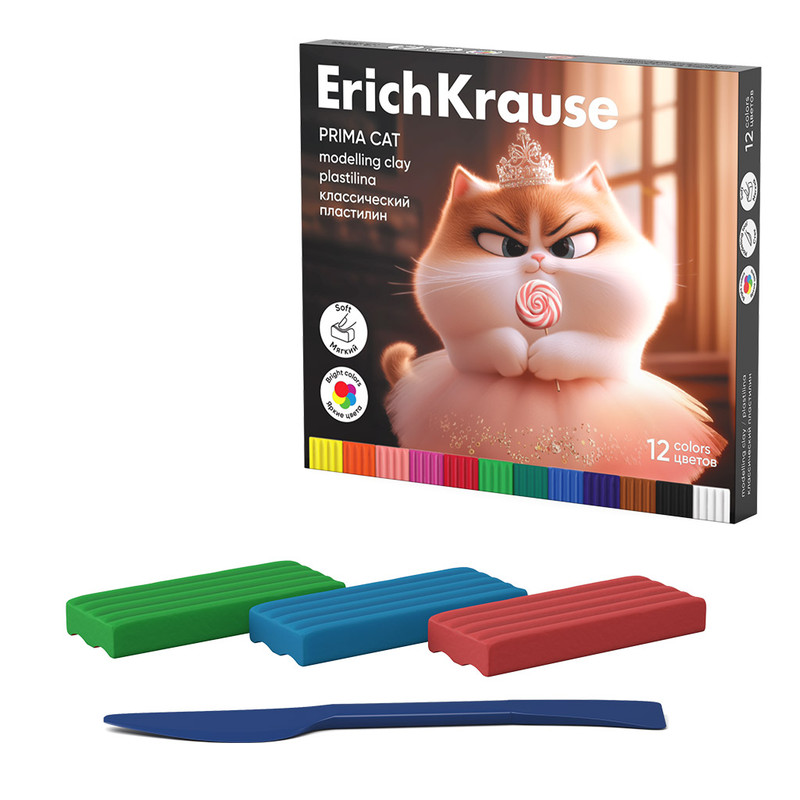 Пластилин классический 12 цветов со стеком, 192 г, ErichKrause Prima Cat