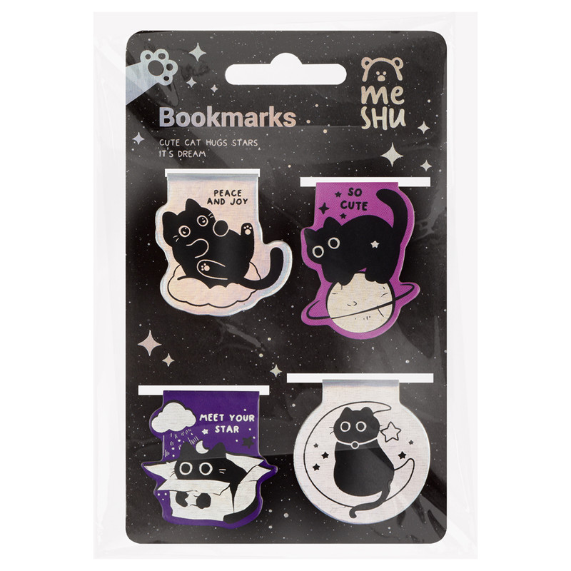 Закладки магнитные для книг, 4шт., MESHU 'Meow Space', голографическая фольга