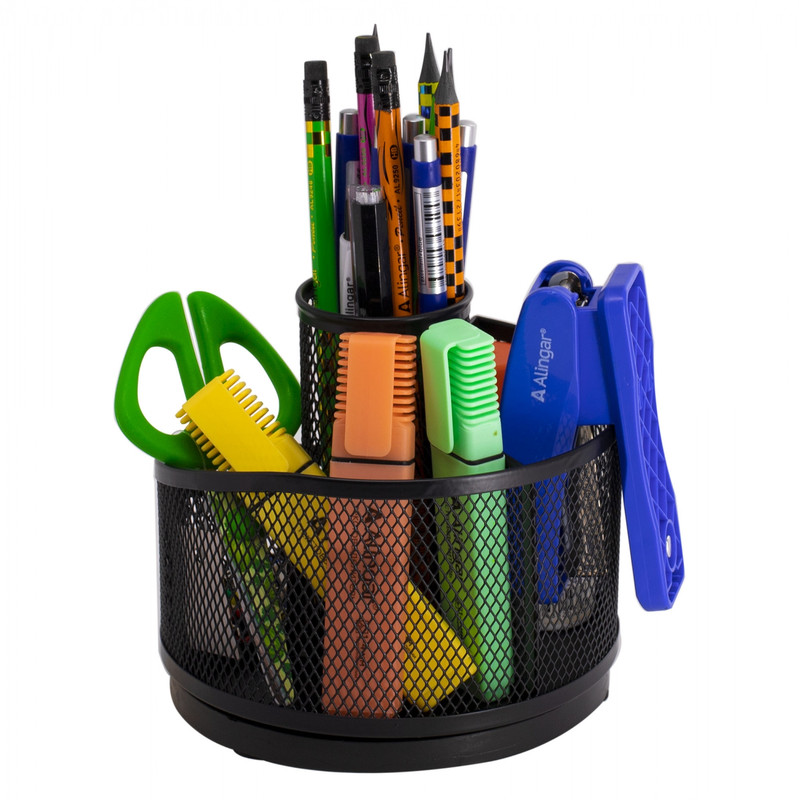 Подставка-органайзер для канцтоваров, Alingar, металлическая, 14х14х14 см, 4 отделения, черная, вращается
