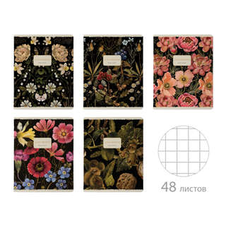 Тетрадь общая А5, 48 листов в клетку, BV Flora: Black Night, ...