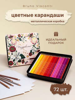 Карандаши цветные 72 цвета, мягкие, BV Flora Пионы, в металли...