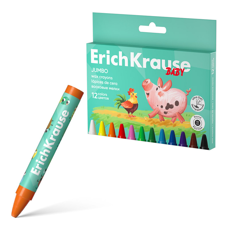 Восковые мелки 12 цветов, ErichKrause Baby Jumbo, утолщенные круглые, 11 мм