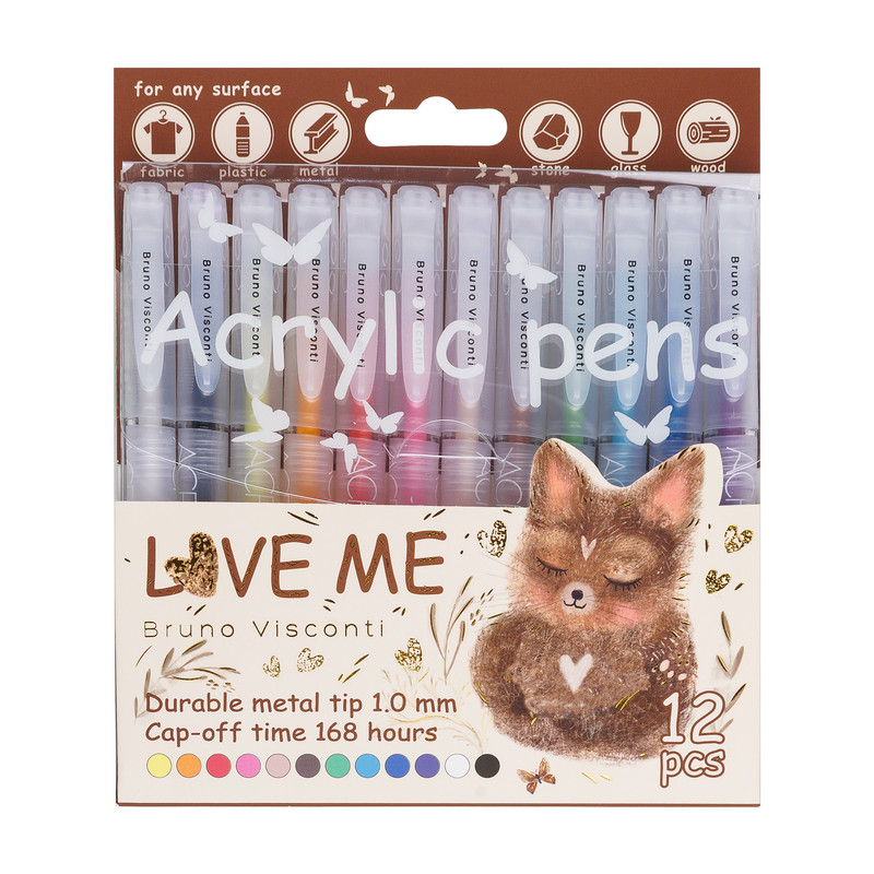 Набор из 12-ти акриловых ручек 1.0 мм, BV Love Me