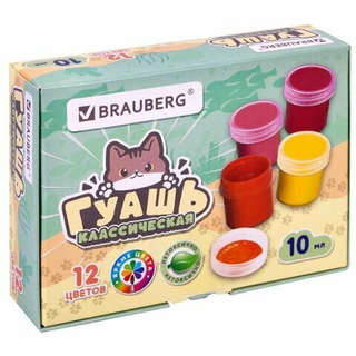 Гуашь 12 цветов по 10 мл, Brauberg 'Милые коты', картонная ко...
