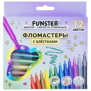 Фломастеры 12 цветов, с блестками, ударопрочный наконечник, F...