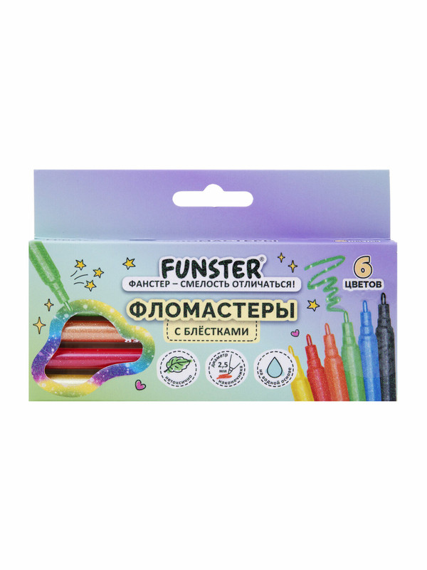 Фломастеры 6 цветов, с блестками, смываемые, Funster Glitter