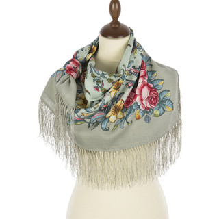 Павловопосадский платок 'Весеннее путешествие' зеленый 100% шерсть 89-89, артикул 1604-10 1