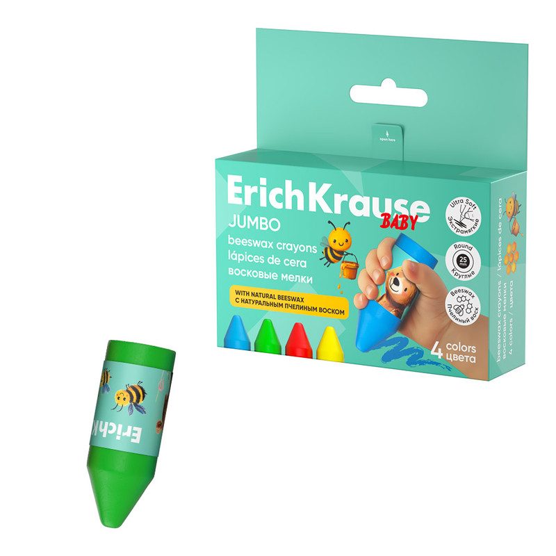 Восковые мелки 4 цвета, утолщенные, круглые, ErichKrause Jumbo