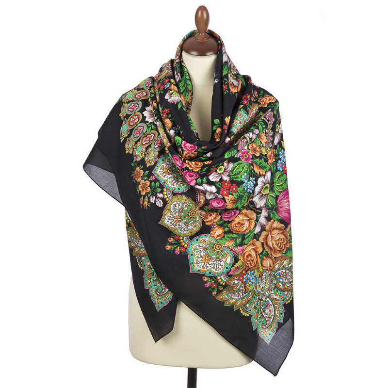 Павловопосадский платок 'Голубка' черный 100% хлопок 146-146, артикул 679-18