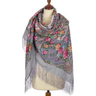 Павловопосадский платок 'В мире любви' серый 100% шерсть 146-146, артикул 1674-15