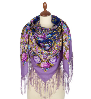 Павловопосадский платок 'Праздник огня' сиреневый 100% шерсть 135-135, артикул 1739-15 1