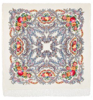 Павловопосадский платок 'Сон бабочки' белый 100% шерсть 125-125, артикул 1463-1 2