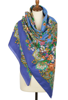 Павловопосадский платок 'Голубка' синий 100% хлопок 146-146, артикул 679-14 1