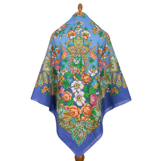 Павловопосадский платок 'Голубка' синий 100% хлопок 146-146, артикул 679-14 2