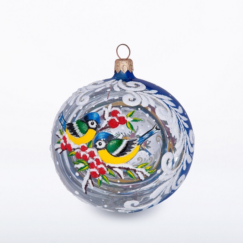 Шар 'Дуэт' стекло, 9.5 см, артикул С1898 (две синички)