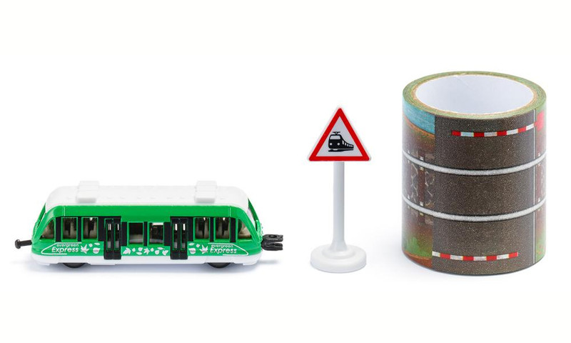 Пригородный поезд с дорожным знаком и лентой-дорогой