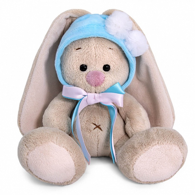 Зайка Ми в шапочке с белыми помпонами. Размер 15 см